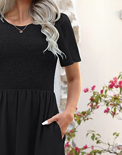 Ellakoko Summer Dresses for Women 2023 Casual Short Sleeve Modest A Line Crew Neck Ruffle Tiered Smocked Midi Black Dress Solid Black M