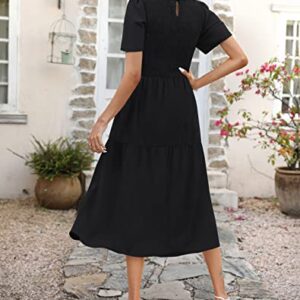 Ellakoko Summer Dresses for Women 2023 Casual Short Sleeve Modest A Line Crew Neck Ruffle Tiered Smocked Midi Black Dress Solid Black M