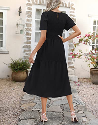 Ellakoko Summer Dresses for Women 2023 Casual Short Sleeve Modest A Line Crew Neck Ruffle Tiered Smocked Midi Black Dress Solid Black M