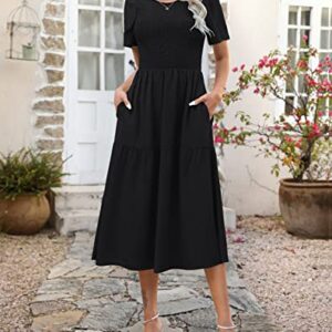 Ellakoko Summer Dresses for Women 2023 Casual Short Sleeve Modest A Line Crew Neck Ruffle Tiered Smocked Midi Black Dress Solid Black M