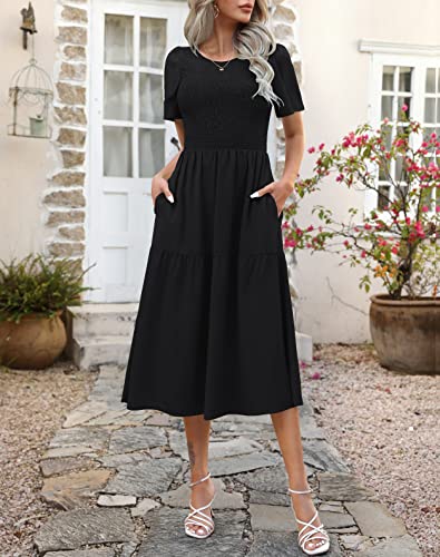 Ellakoko Summer Dresses for Women 2023 Casual Short Sleeve Modest A Line Crew Neck Ruffle Tiered Smocked Midi Black Dress Solid Black M