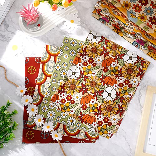 Whaline 12Pcs Fall Retro Floral Cotton Fabric Bundles 18 x 22 Inch Boho Hippie Groovy Boho Rainbow Printed Fat Quarter Quilting Patchwork Square Sewing Fabric for DIY Handmade Craft Home Party Decor