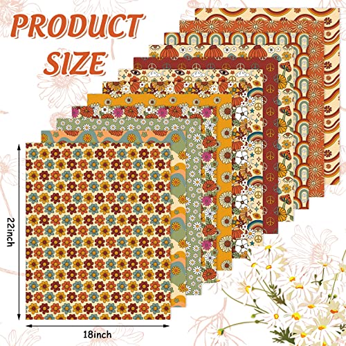 Whaline 12Pcs Fall Retro Floral Cotton Fabric Bundles 18 x 22 Inch Boho Hippie Groovy Boho Rainbow Printed Fat Quarter Quilting Patchwork Square Sewing Fabric for DIY Handmade Craft Home Party Decor