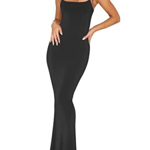 REORIA Women's Sexy Casual Lounge Slip Long Dress Elegant Wedding Guest Sleeveless Backless Ribbed Bodycon Maxi Dresses Black X-Small