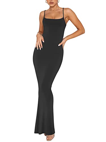 REORIA Women's Sexy Casual Lounge Slip Long Dress Elegant Wedding Guest Sleeveless Backless Ribbed Bodycon Maxi Dresses Black X-Small