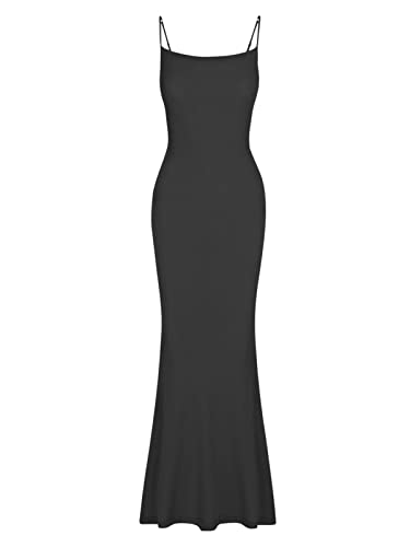 REORIA Women's Sexy Casual Lounge Slip Long Dress Elegant Wedding Guest Sleeveless Backless Ribbed Bodycon Maxi Dresses Black X-Small