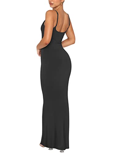 REORIA Women's Sexy Casual Lounge Slip Long Dress Elegant Wedding Guest Sleeveless Backless Ribbed Bodycon Maxi Dresses Black X-Small