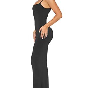 REORIA Women's Sexy Casual Lounge Slip Long Dress Elegant Wedding Guest Sleeveless Backless Ribbed Bodycon Maxi Dresses Black X-Small