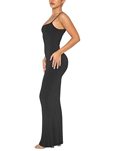 REORIA Women's Sexy Casual Lounge Slip Long Dress Elegant Wedding Guest Sleeveless Backless Ribbed Bodycon Maxi Dresses Black X-Small