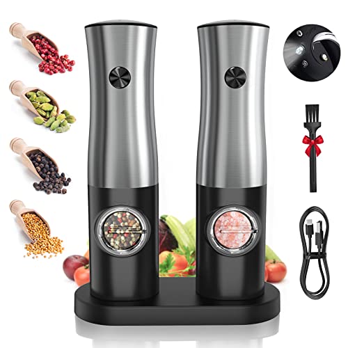 Electric Salt And Pepper Grinder Set,TOSTOG Salt Pepper Grinder Set Rechargeable,Stainless Steel Adjustable Coarseness Electric Salt and Pepper Shakers with Light/Charging Base/Ceramic Grinder