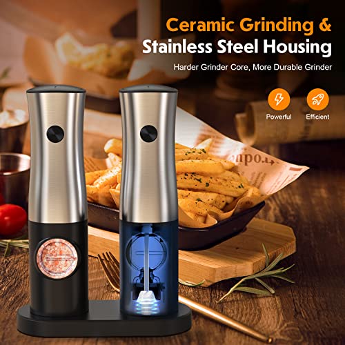 Electric Salt And Pepper Grinder Set,TOSTOG Salt Pepper Grinder Set Rechargeable,Stainless Steel Adjustable Coarseness Electric Salt and Pepper Shakers with Light/Charging Base/Ceramic Grinder