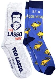 warner bros ted lasso 2 pack men's dress crew socks. 2 pair - ted lasso way & be a goldfish - men sock size 10-13 (tg10430)