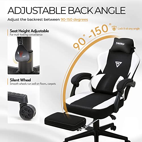 Vigosit Gaming Chair with Footrest, Fabric Gamer Chair with Lumbar Support Pillow, Computer Game Chairs for Adults, Big and Tall Office Chair Gaming 300LBS (Black White)