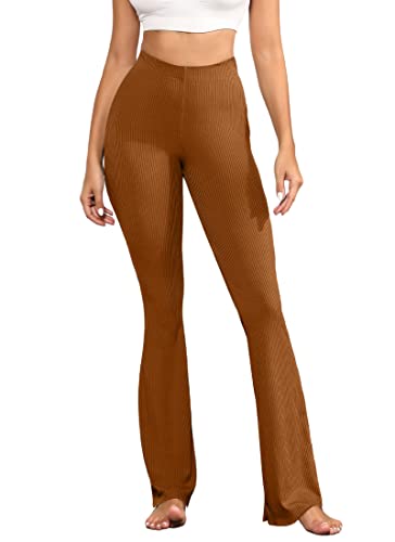 LAOARA Flare Legging for Women High Waisted Bootcut Knit Ribbed Yoga Pants Caramel Brown S