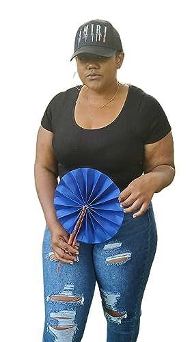 Blue African Fabric Folding Fan: Church, Ankara, Leather, Wedding, Sports, and Pouch Included!