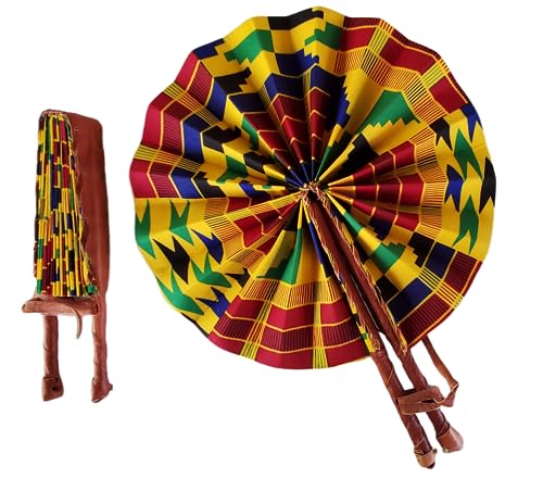 African Fabric Folding Fan: Church, Ankara, Multicolor, Leather, Wedding, Sports, and Pouch Included