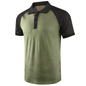 Mens Short Sleeve Color Block Polo Shirts Regular Fit Fashion Design Lightweight Casual Quick Dry Golf Shirt Army Green