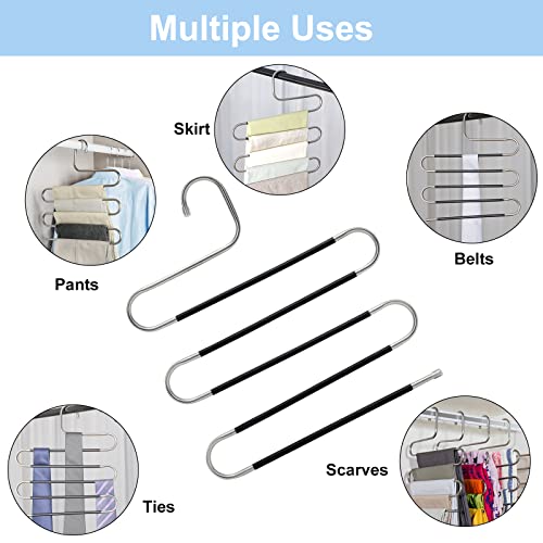 Fixwal Pants Hangers Space Saving, 5 Pack Non-Slip S-Shape Trousers Hangers, Black Stainless Steel Clothes Hangers for Jeans Scarf Leggings Skirts Ties(5 Pack with 25 Metal Clips