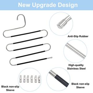 Fixwal Pants Hangers Space Saving, 5 Pack Non-Slip S-Shape Trousers Hangers, Black Stainless Steel Clothes Hangers for Jeans Scarf Leggings Skirts Ties(5 Pack with 25 Metal Clips