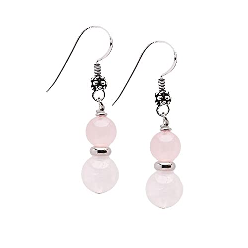 VN Jewelry Handmade Women's Natural Gemstone Double Beaded Sterling Silver Dangle Drop Earrings | Gift for Women, Girls (Rose quartz)