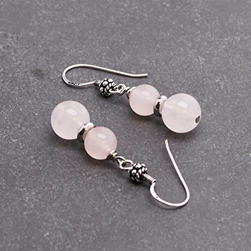 VN Jewelry Handmade Women's Natural Gemstone Double Beaded Sterling Silver Dangle Drop Earrings | Gift for Women, Girls (Rose quartz)