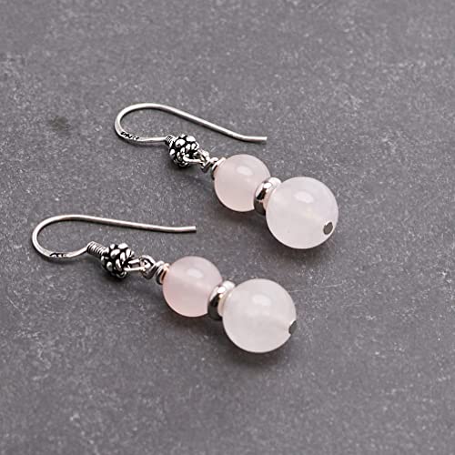 VN Jewelry Handmade Women's Natural Gemstone Double Beaded Sterling Silver Dangle Drop Earrings | Gift for Women, Girls (Rose quartz)