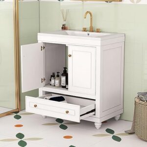 bellemave 30" bathroom vanity with ceramic basin sink, combo cabinet under-mount sink, bathroom storage cabinet with 2 doors and 1 long drawer for bathroom no mirror (white)
