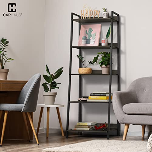 CAPHAUS 5 Tier Ladder Bookshelf, 24 Inch Width Free Standing Shelf, Bookcase Shelf Storage Rack Organizer, Industrial Book Shelves for Home Office, Living Room, Kitchen, Black Wooden Shelves