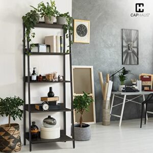 CAPHAUS 5 Tier Ladder Bookshelf, 24 Inch Width Free Standing Shelf, Bookcase Shelf Storage Rack Organizer, Industrial Book Shelves for Home Office, Living Room, Kitchen, Black Wooden Shelves