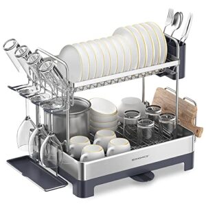 songmics dish drying rack - 2 tier dish rack for kitchen counter with rotatable and extendable drain spout, dish drainer with utensil, cup, glass, cutting board holders, gray ukcs032e01