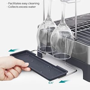 SONGMICS Dish Drying Rack - 2 Tier Dish Rack for Kitchen Counter with Rotatable and Extendable Drain Spout, Dish Drainer with Utensil, Cup, Glass, Cutting Board Holders, Gray UKCS032E01