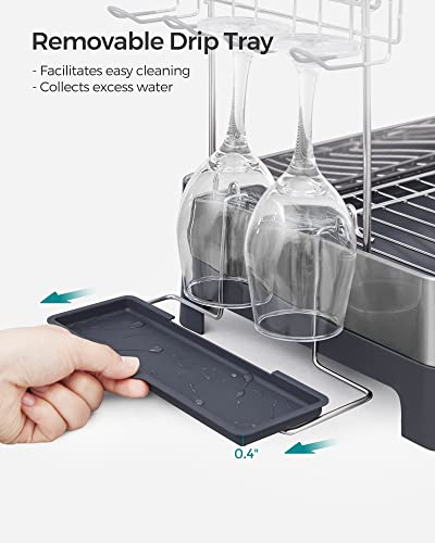 SONGMICS Dish Drying Rack - 2 Tier Dish Rack for Kitchen Counter with Rotatable and Extendable Drain Spout, Dish Drainer with Utensil, Cup, Glass, Cutting Board Holders, Gray UKCS032E01