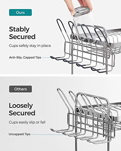 SONGMICS Dish Drying Rack - 2 Tier Dish Rack for Kitchen Counter with Rotatable and Extendable Drain Spout, Dish Drainer with Utensil, Cup, Glass, Cutting Board Holders, Gray UKCS032E01