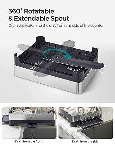 SONGMICS Dish Drying Rack - 2 Tier Dish Rack for Kitchen Counter with Rotatable and Extendable Drain Spout, Dish Drainer with Utensil, Cup, Glass, Cutting Board Holders, Gray UKCS032E01