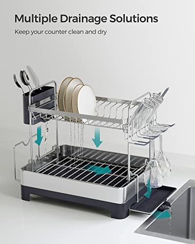 SONGMICS Dish Drying Rack - 2 Tier Dish Rack for Kitchen Counter with Rotatable and Extendable Drain Spout, Dish Drainer with Utensil, Cup, Glass, Cutting Board Holders, Gray UKCS032E01