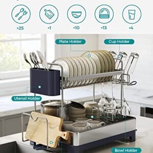 SONGMICS Dish Drying Rack - 2 Tier Dish Rack for Kitchen Counter with Rotatable and Extendable Drain Spout, Dish Drainer with Utensil, Cup, Glass, Cutting Board Holders, Gray UKCS032E01