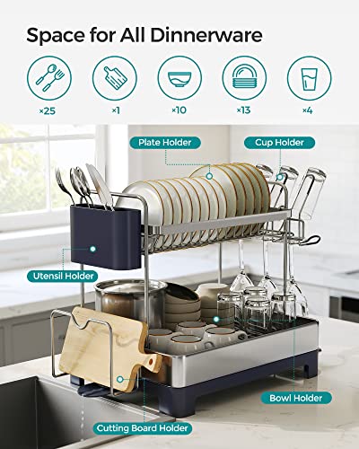 SONGMICS Dish Drying Rack - 2 Tier Dish Rack for Kitchen Counter with Rotatable and Extendable Drain Spout, Dish Drainer with Utensil, Cup, Glass, Cutting Board Holders, Gray UKCS032E01