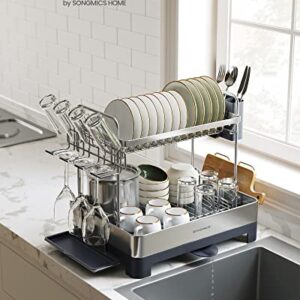 SONGMICS Dish Drying Rack - 2 Tier Dish Rack for Kitchen Counter with Rotatable and Extendable Drain Spout, Dish Drainer with Utensil, Cup, Glass, Cutting Board Holders, Gray UKCS032E01