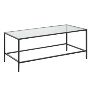 caws black coffee table, tempered glass wide rectangle coffee table with black metal frame, modern minimalist center table for living room, dining room, office, pantry or outdoor