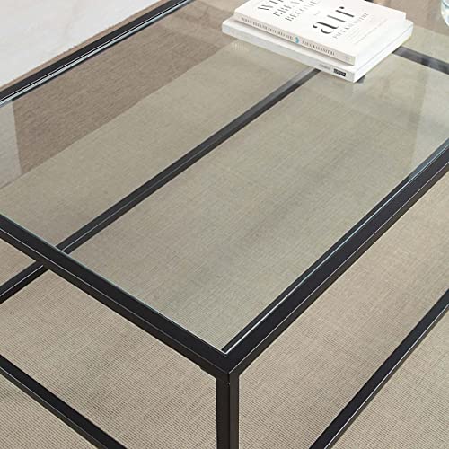 CAWS Black Coffee Table, Tempered Glass Wide Rectangle Coffee Table with Black Metal Frame, Modern Minimalist Center Table for Living Room, Dining Room, Office, Pantry or Outdoor