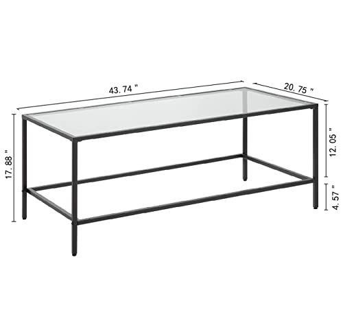 CAWS Black Coffee Table, Tempered Glass Wide Rectangle Coffee Table with Black Metal Frame, Modern Minimalist Center Table for Living Room, Dining Room, Office, Pantry or Outdoor