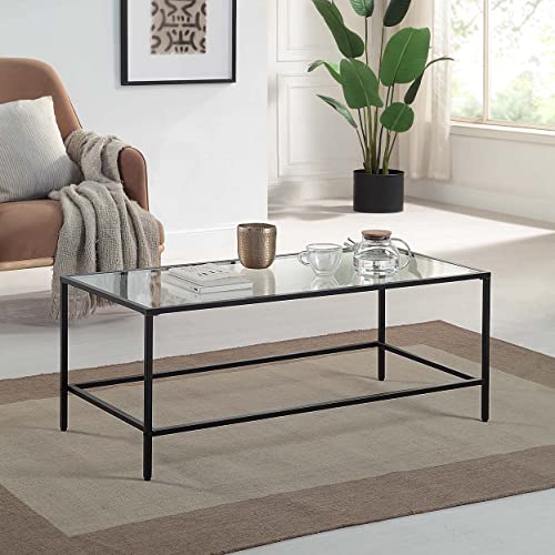 CAWS Black Coffee Table, Tempered Glass Wide Rectangle Coffee Table with Black Metal Frame, Modern Minimalist Center Table for Living Room, Dining Room, Office, Pantry or Outdoor