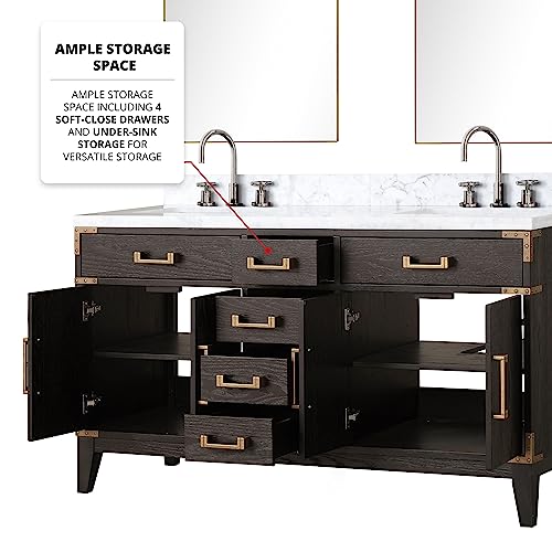 Bell+Modern Harbor 60 in W x 22 in D Brown Oak Double Bath Vanity and Carrara Marble Top