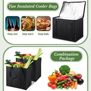 7 Pack Reusable Grocery Bags Foldable Shopping Bag and Zippered Insulated Food Delivery Bag Insulated Cooler Bag with Handles Set for Shopping Accessories, Black