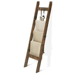 hzuaneri blanket ladder - for bedroom, decorative wood quilt rack with 4 removable hooks, 5-tier farmhouse ladder holder organizer for bathroom living room, rustic brown and black 02101bbr