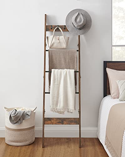 Hzuaneri Blanket Ladder - for Bedroom, Decorative Wood Quilt Rack with 4 Removable Hooks, 5-Tier Farmhouse Ladder Holder Organizer for Bathroom Living Room, Rustic Brown and Black 02101BBR