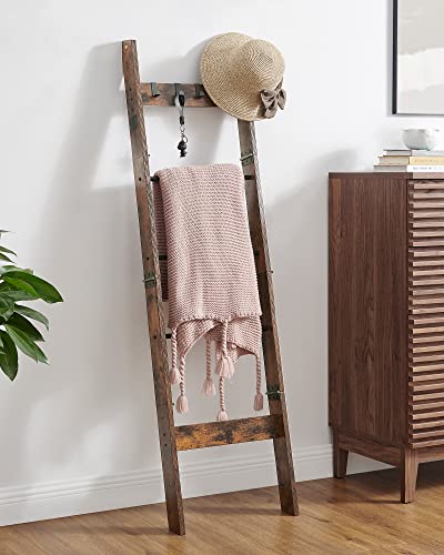 Hzuaneri Blanket Ladder - for Bedroom, Decorative Wood Quilt Rack with 4 Removable Hooks, 5-Tier Farmhouse Ladder Holder Organizer for Bathroom Living Room, Rustic Brown and Black 02101BBR