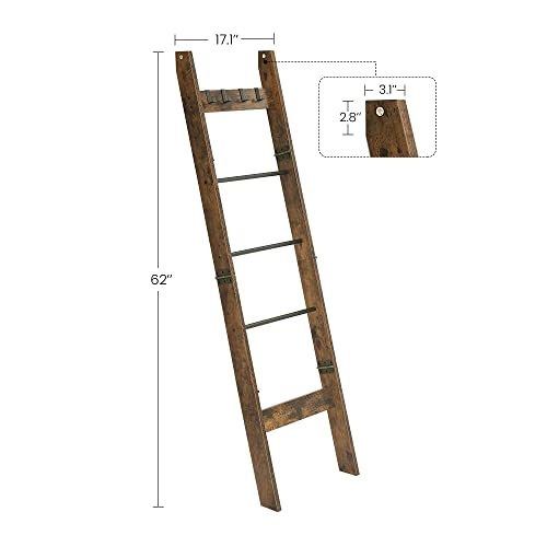 Hzuaneri Blanket Ladder - for Bedroom, Decorative Wood Quilt Rack with 4 Removable Hooks, 5-Tier Farmhouse Ladder Holder Organizer for Bathroom Living Room, Rustic Brown and Black 02101BBR