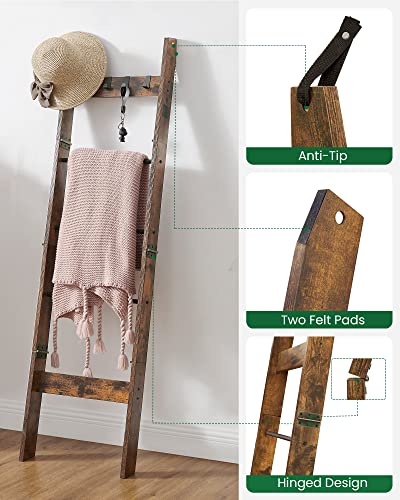 Hzuaneri Blanket Ladder - for Bedroom, Decorative Wood Quilt Rack with 4 Removable Hooks, 5-Tier Farmhouse Ladder Holder Organizer for Bathroom Living Room, Rustic Brown and Black 02101BBR