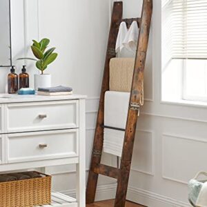 Hzuaneri Blanket Ladder - for Bedroom, Decorative Wood Quilt Rack with 4 Removable Hooks, 5-Tier Farmhouse Ladder Holder Organizer for Bathroom Living Room, Rustic Brown and Black 02101BBR